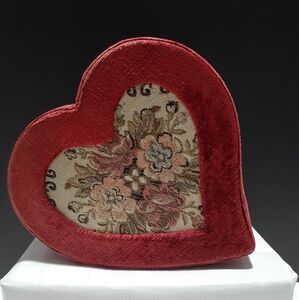 Deep Red Velour  Heart-Shaped with Floral Tapestry Trinket Box